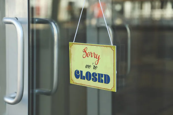 Yellow Sign Text Sorry Closed Hanging Glass Door Coronavirus Quarantine — Stock Photo, Image