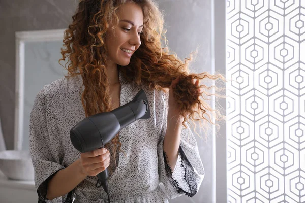 Beautiful Woman Using Hair Dryer Bathroom — Stock Photo, Image