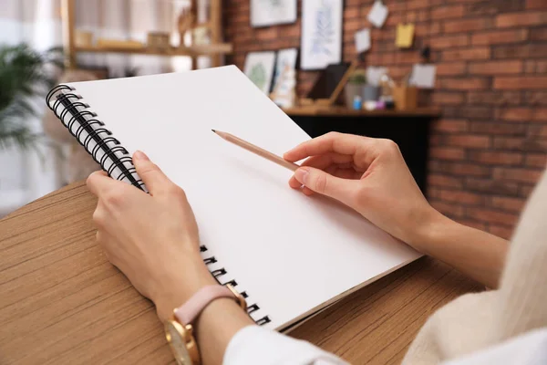 Woman Drawing Sketchbook Pencil Home Closeup — Stock Photo, Image