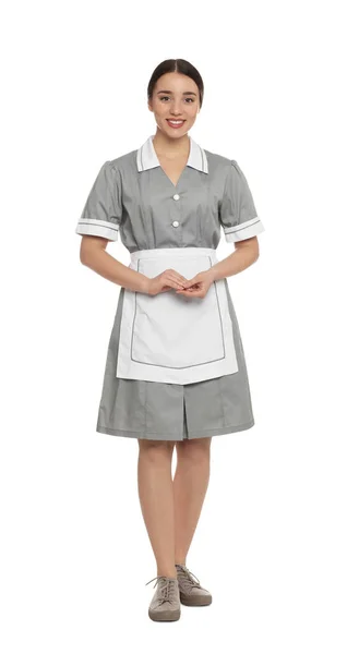 Full Length Portrait Young Chambermaid Tidy Uniform White Background — Stock Photo, Image