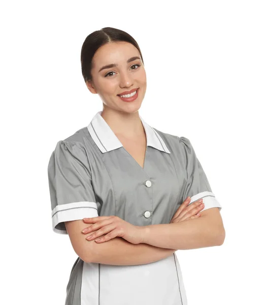 Portrait Jeune Femme Chambre Uniforme Bien Rangé Sur Fond Blanc — Photo