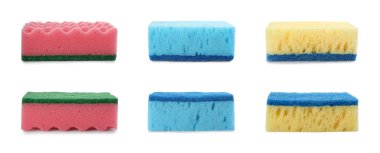 Beyaz arka planda temizlik süngerleri ile ayarlayın. Pankart tasarımı