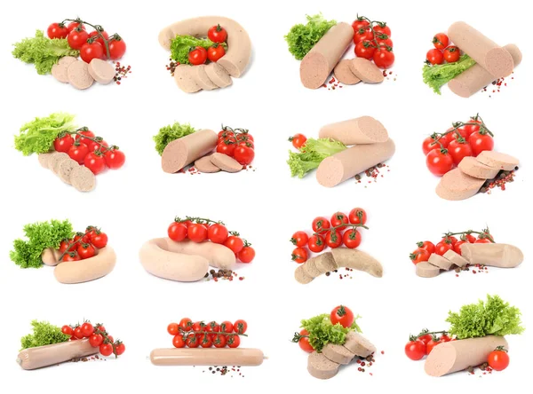 Set Met Lekkere Leverworstjes Tomaten Sla Peperkorrels Witte Achtergrond — Stockfoto