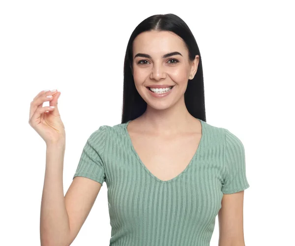 Junge Frau Knipst Finger Auf Weißem Hintergrund — Stockfoto