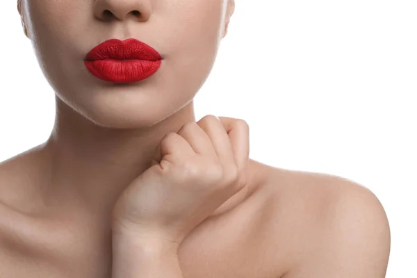 Vista Cerca Mujer Con Hermosos Labios Llenos Sobre Fondo Blanco —  Fotos de Stock