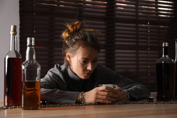 Alcohol Addiction Woman Chained Glass Liquor Wooden Table Room — Stock Photo, Image