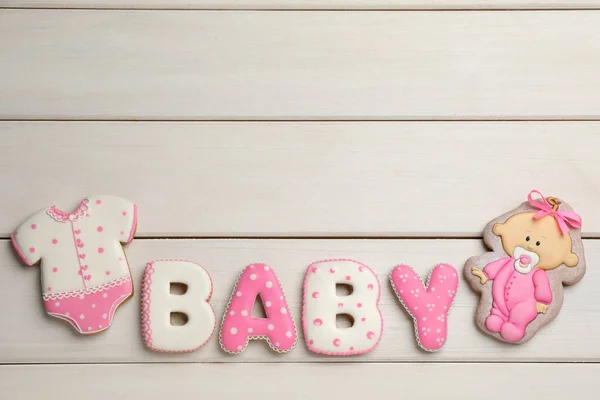 Λέξη Baby Από Νόστιμα Μπισκότα Λευκό Ξύλινο Τραπέζι Επίπεδη Lay — Φωτογραφία Αρχείου