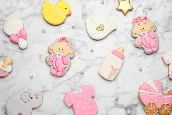 Set Babyshower Koekjes Witte Marmeren Tafel Plat Gelegd — Stockfoto