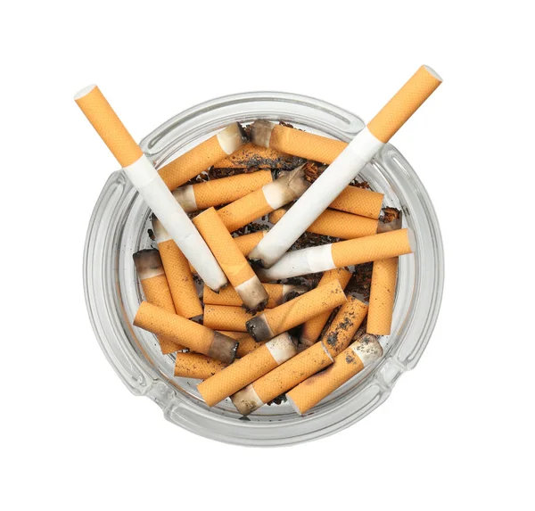 Γυάλινο Τασάκι Γεμάτο Αποκόμματα Τσιγάρων Που Απομονώνονται Λευκή Κορυφαία Άποψη — Φωτογραφία Αρχείου
