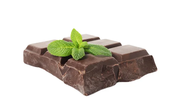 Leckeres Schokoladenstück Mit Minze Auf Weißem Hintergrund — Stockfoto