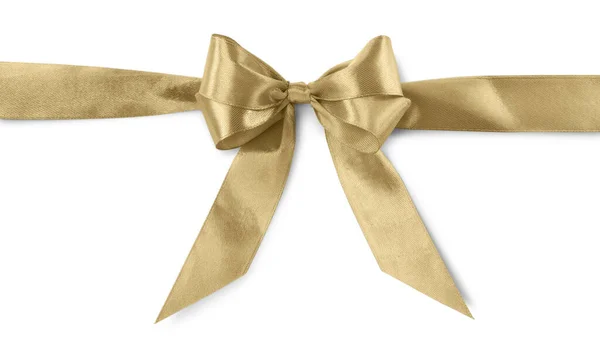 Golden Satin Ribbon Bow White Background Top View — Fotografia de Stock