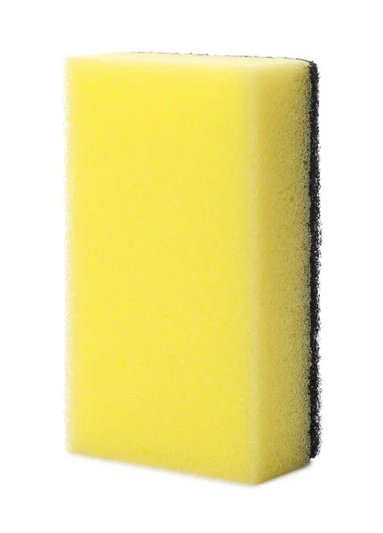Esponja Limpeza Amarela Com Scourer Preto Abrasivo Isolado Branco — Fotografia de Stock