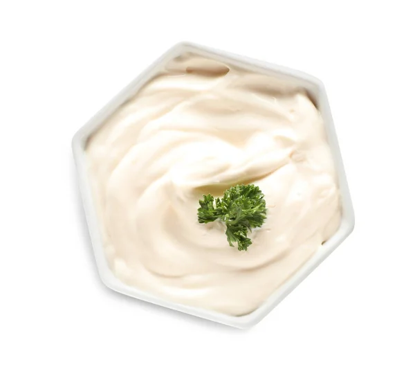 Bowl Tasty Mayonnaise Parsley Isolated White Top View — Stock Photo, Image