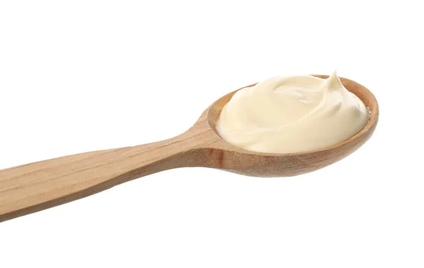 Houten Lepel Met Smakelijke Mayonaise Geïsoleerd Wit — Stockfoto