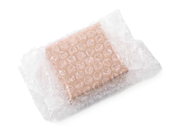 Caixa Papelão Embalado Plástico Bolha Isolado Branco Vista Acima — Fotografia de Stock