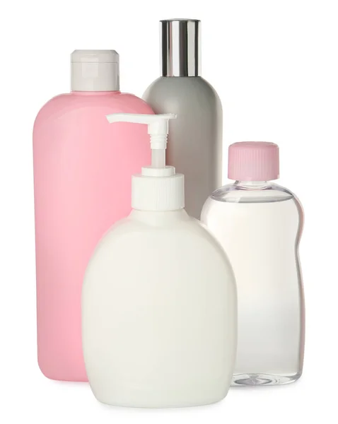 Flaschen Mit Babykosmetikprodukten Auf Weißem Hintergrund — Stockfoto