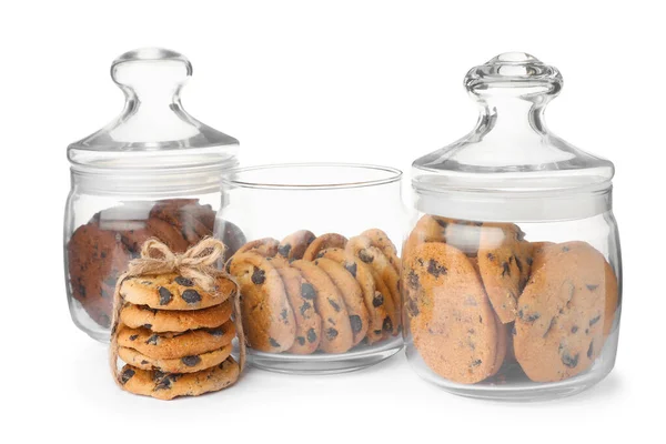 Jars Chocolate Chip Cookies White Background — Stock Photo, Image