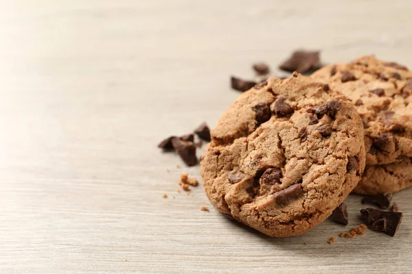 Deliziosi Biscotti Cioccolato Sul Tavolo Legno Primo Piano Spazio Testo — Foto Stock