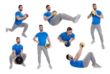 Atletik adam beyaz arka plan ve kolaj üzerinde ilaç topuyla farklı egzersizler yapıyor.