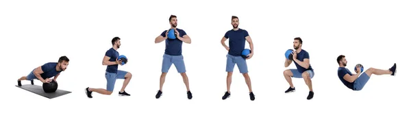 Homme Athlétique Faisant Différents Exercices Avec Médecine Ball Sur Fond — Photo