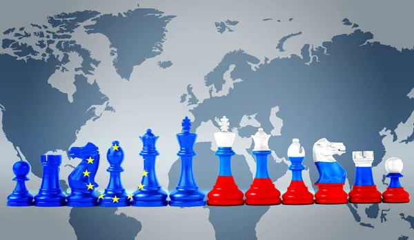 Dünya haritasına karşı Rus ve Avrupa Birliği bayraklarıyla satranç taşları