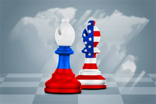 stock image Chess pieces in color of Russian and American flags on board