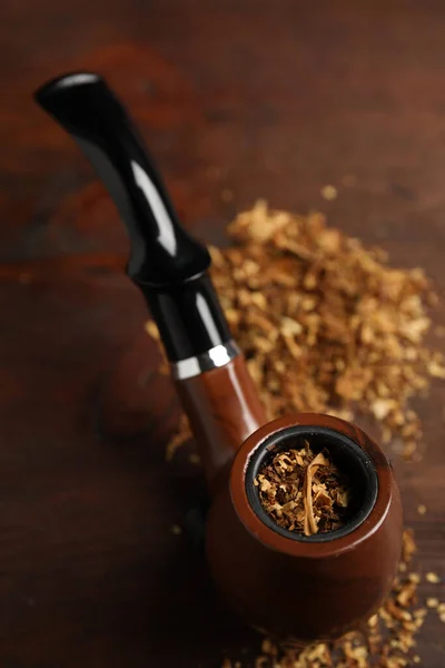 Pipa Fumar Con Tabaco Mesa Madera Vista Superior — Foto de Stock
