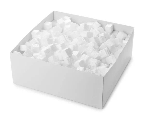 Boîte Carton Avec Cubes Mousse Polystyrène Isolé Sur Blanc — Photo
