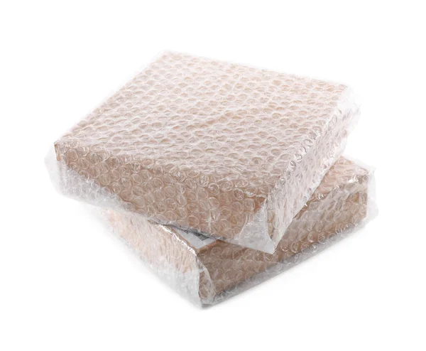 Cardboard Boxes Packed Bubble Wrap White Background — Stock Photo, Image