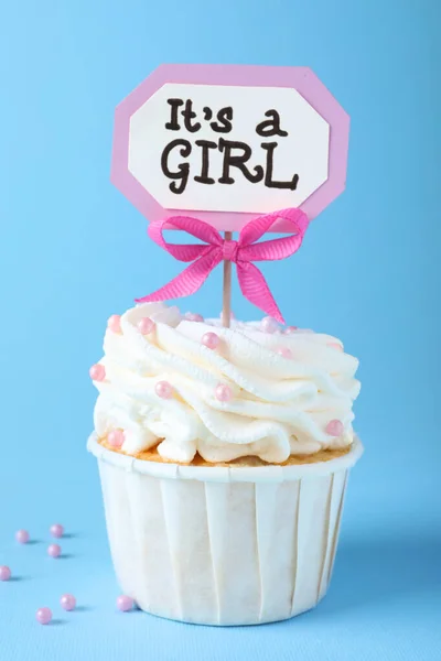 Prachtig Versierde Baby Shower Cupcake Voor Meisje Met Room Topper — Stockfoto