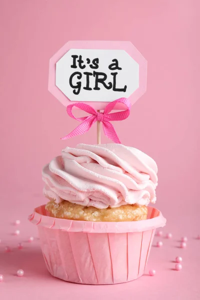 Cupcake Ducha Bebé Bellamente Decorado Para Niña Con Crema Tope — Foto de Stock