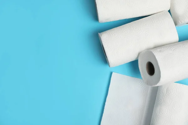 Rolls Paper Towels Light Blue Background Space Text — Stock Photo, Image