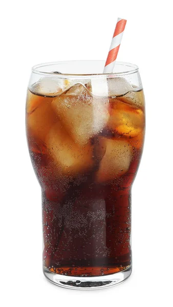 Glas Verfrissende Frisdrank Met Ijsblokjes Geïsoleerd Wit — Stockfoto