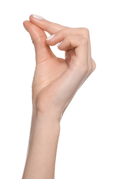 Kobieta Pstrykająca Palcami Białym Tle Zbliżenie Dłoni — Zdjęcie stockowe