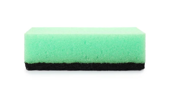 Esponja Limpeza Verde Com Scourer Preto Abrasivo Isolado Branco — Fotografia de Stock
