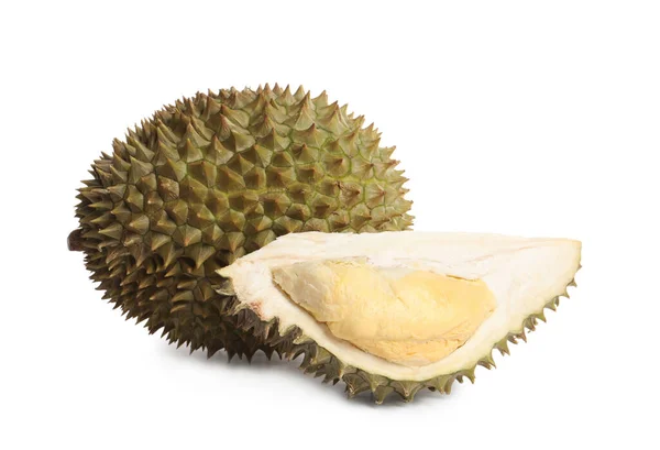 Cięte Całe Dojrzałe Duriany Białym Tle — Zdjęcie stockowe