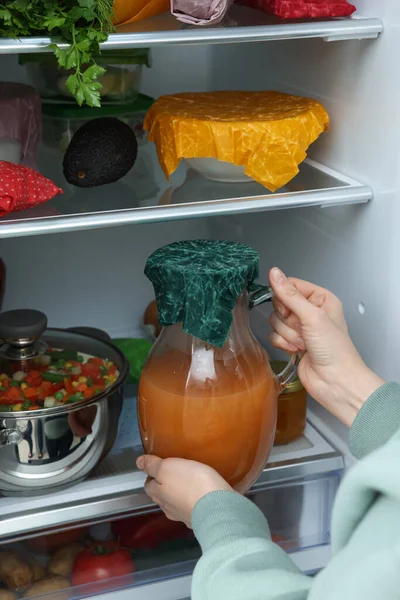 Woman Taking Jug Covered Beeswax Food Wrap Refrigerator Closeup — Stock Photo, Image