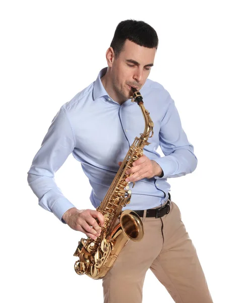 Jeune Homme Jouant Saxophone Sur Fond Blanc — Photo