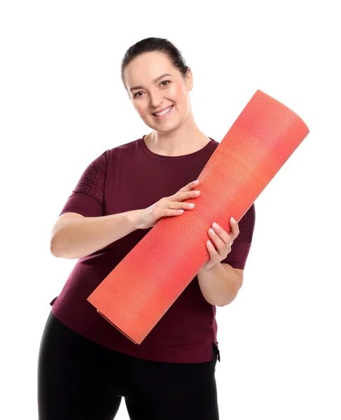 Mujer Feliz Con Sobrepeso Con Esterilla Yoga Sobre Fondo Blanco —  Fotos de Stock