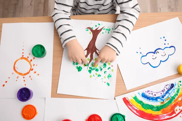 Little Child Painting Fingers Wooden Table Indoors Closeup — Stock Photo, Image