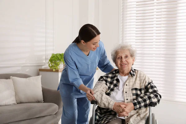 Jonge Verzorger Assisteert Oudere Vrouw Een Rolstoel Binnen Gezondheidszorg Thuis — Stockfoto