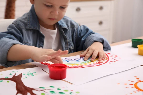 Little Boy Painting Finger Wooden Table Indoors Focus Hands — Stock Photo, Image