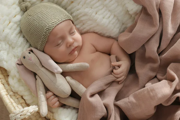 Bebê Recém Nascido Bonito Com Coelho Brinquedo Dormindo Berço Vista — Fotografia de Stock