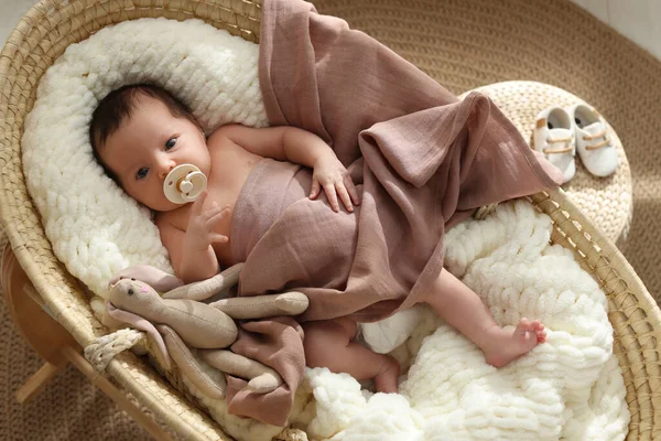 可爱的新生儿 带着奶嘴和玩具兔子躺在家里的摇篮里 尽收眼底 — 图库照片