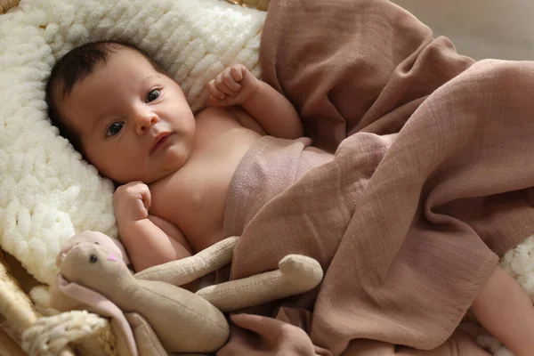 Χαριτωμένο Νεογέννητο Μωρό Παιχνίδι Λαγουδάκι Που Βρίσκεται Στην Κούνια Κορυφαία — Φωτογραφία Αρχείου