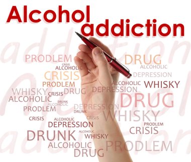 Alkol bağımlılığı mı? - Sana yardım edebiliriz. Beyaz arka planda kalem tutan kadının yakın görüntüsü