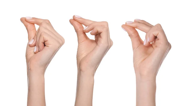 Collage Photos Women Snapping Fingers White Background Closeup — Stock Photo, Image