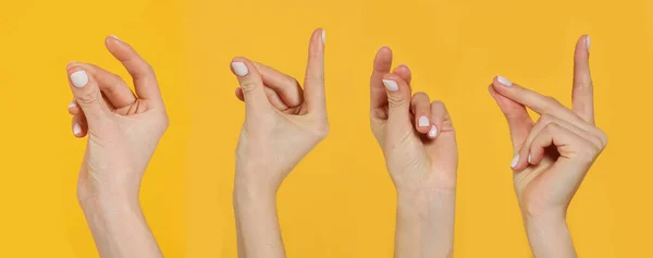 Collage Con Fotos Mujeres Chasqueando Los Dedos Sobre Fondo Amarillo —  Fotos de Stock