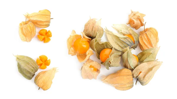 Set Tasty Ripe Physalis Fruits White Background Top View — Stock Photo, Image