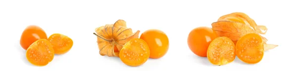 Set Med Välsmakande Mogna Physalis Frukter Vit Bakgrund Banderolldesign — Stockfoto